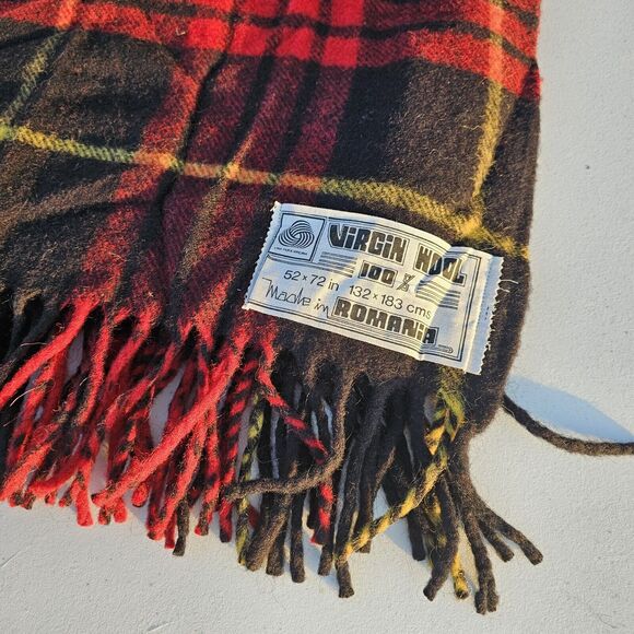 Made In Romania 100% Virgin Wool Throw Blanket Red Black Yellow Tartan Plaid EUC - Picture 6 of 7